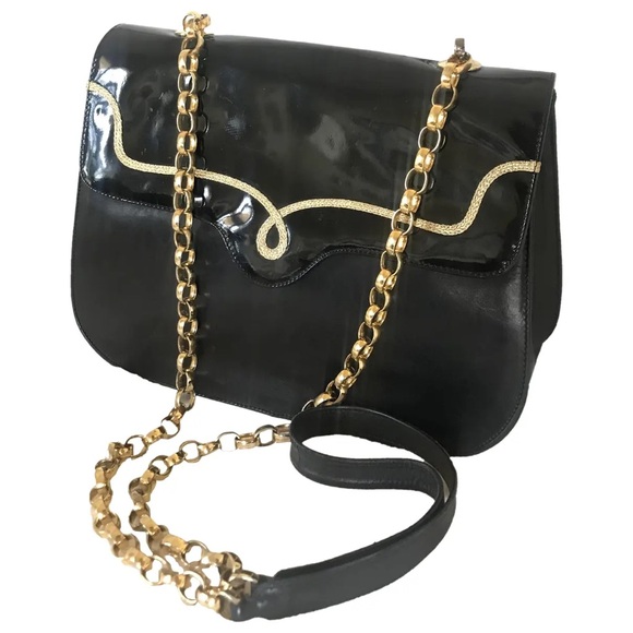 Bally Vintage Black Patent Smooth Leather Shoulder Bag with Gold